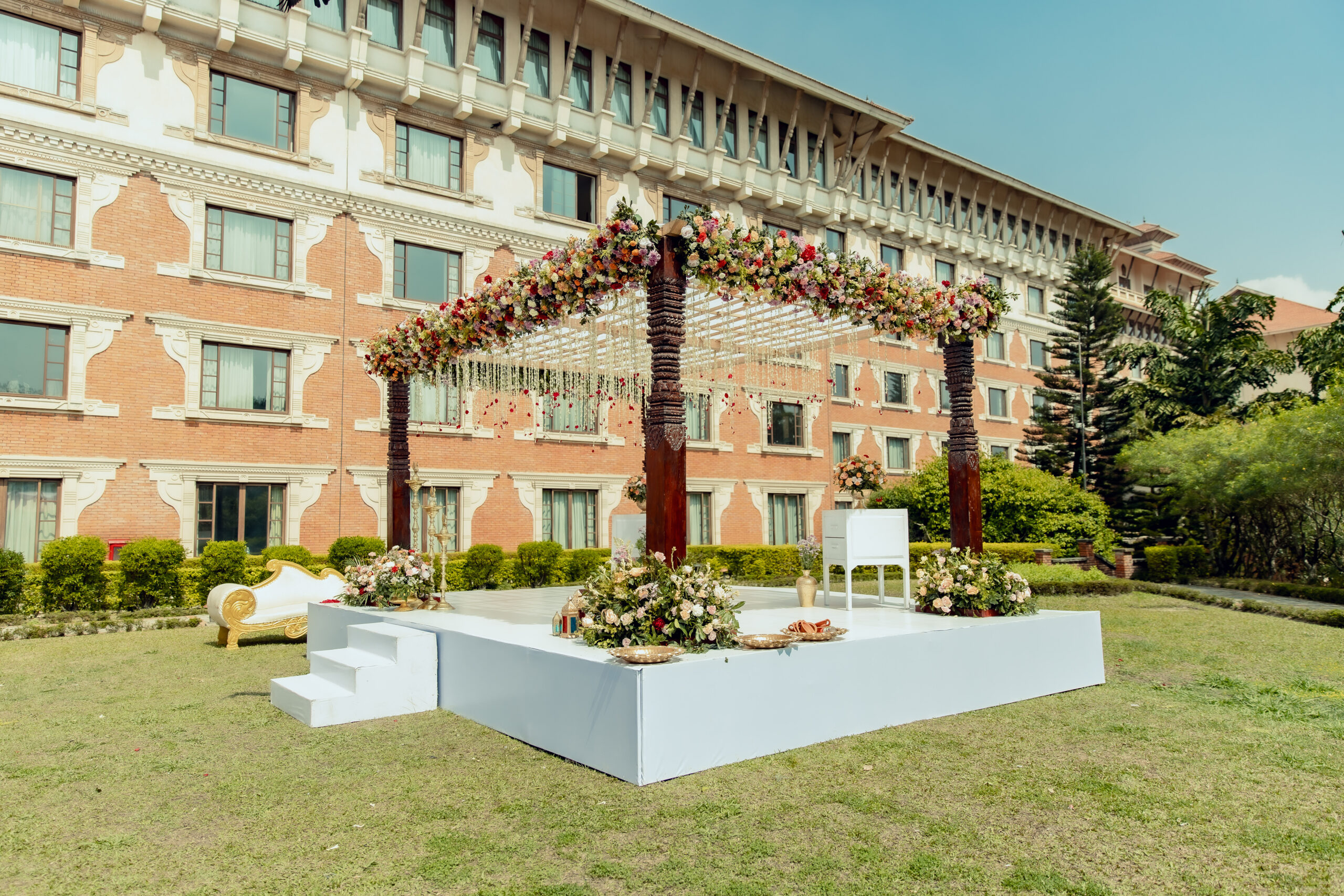 Outdoor wedding venue with elegant floral decoration by Garima Florist & Events in Nepal