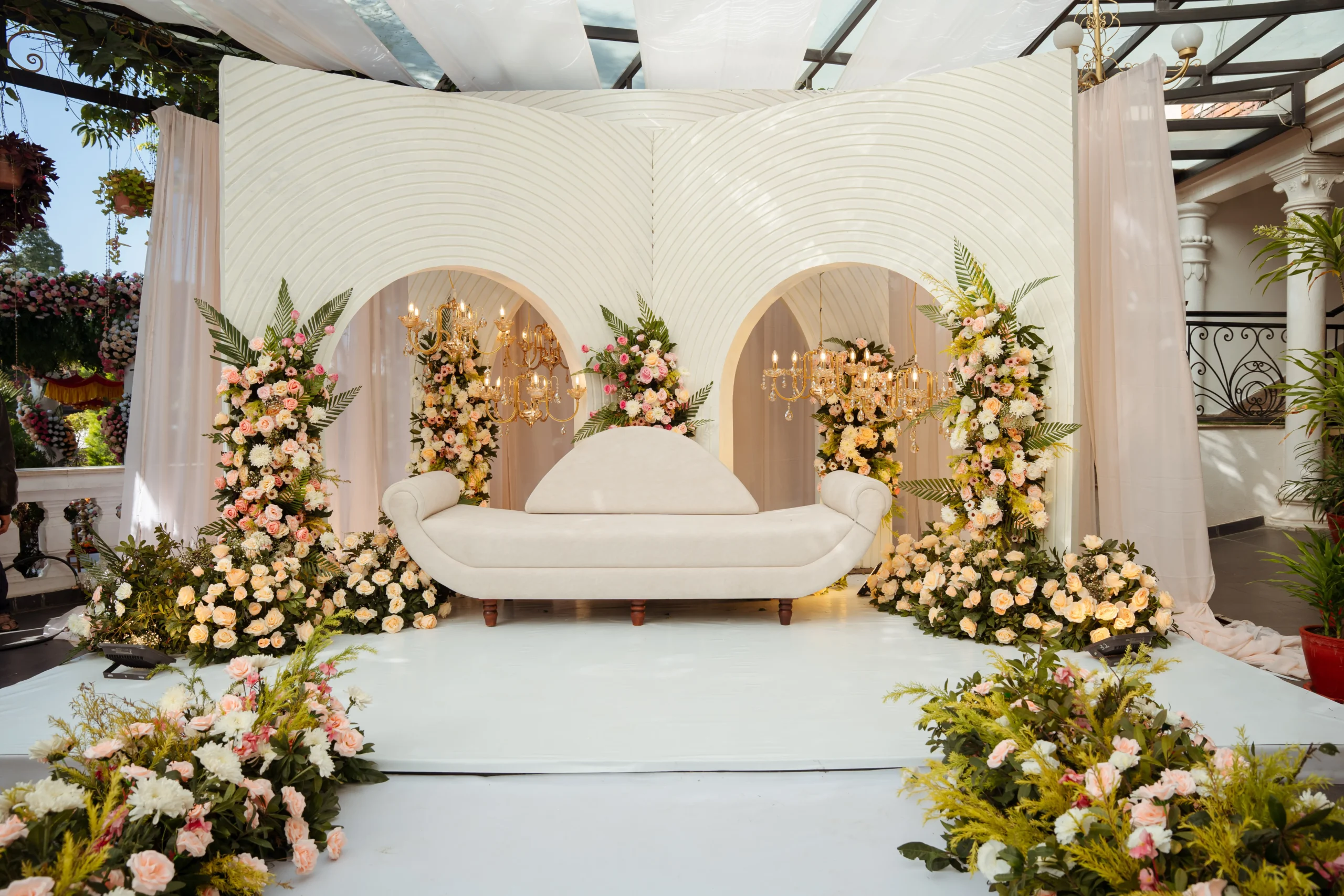 Wedding ceremony with floral decoration and guest seating