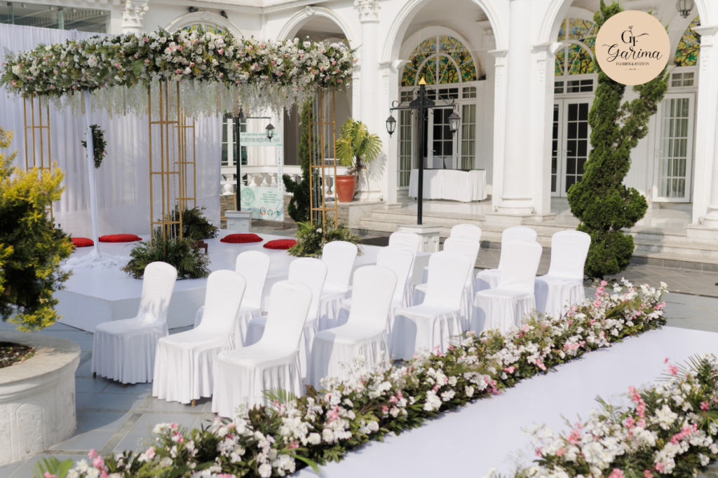 garima florist & events wedding planning and decoration setup with floral mandap and ceremony seating 