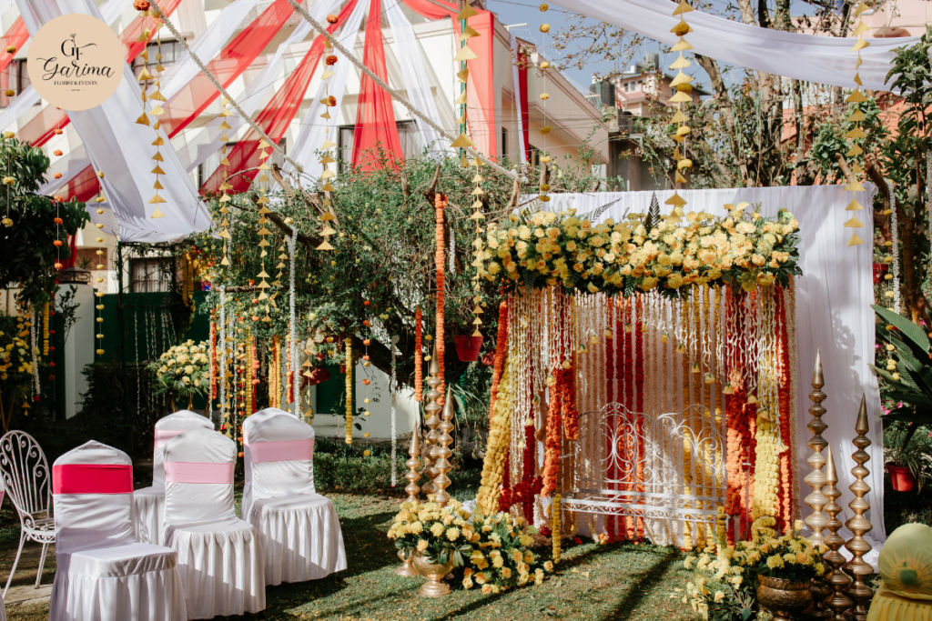 wedding stage and mandap decoration with coordinated floral styling