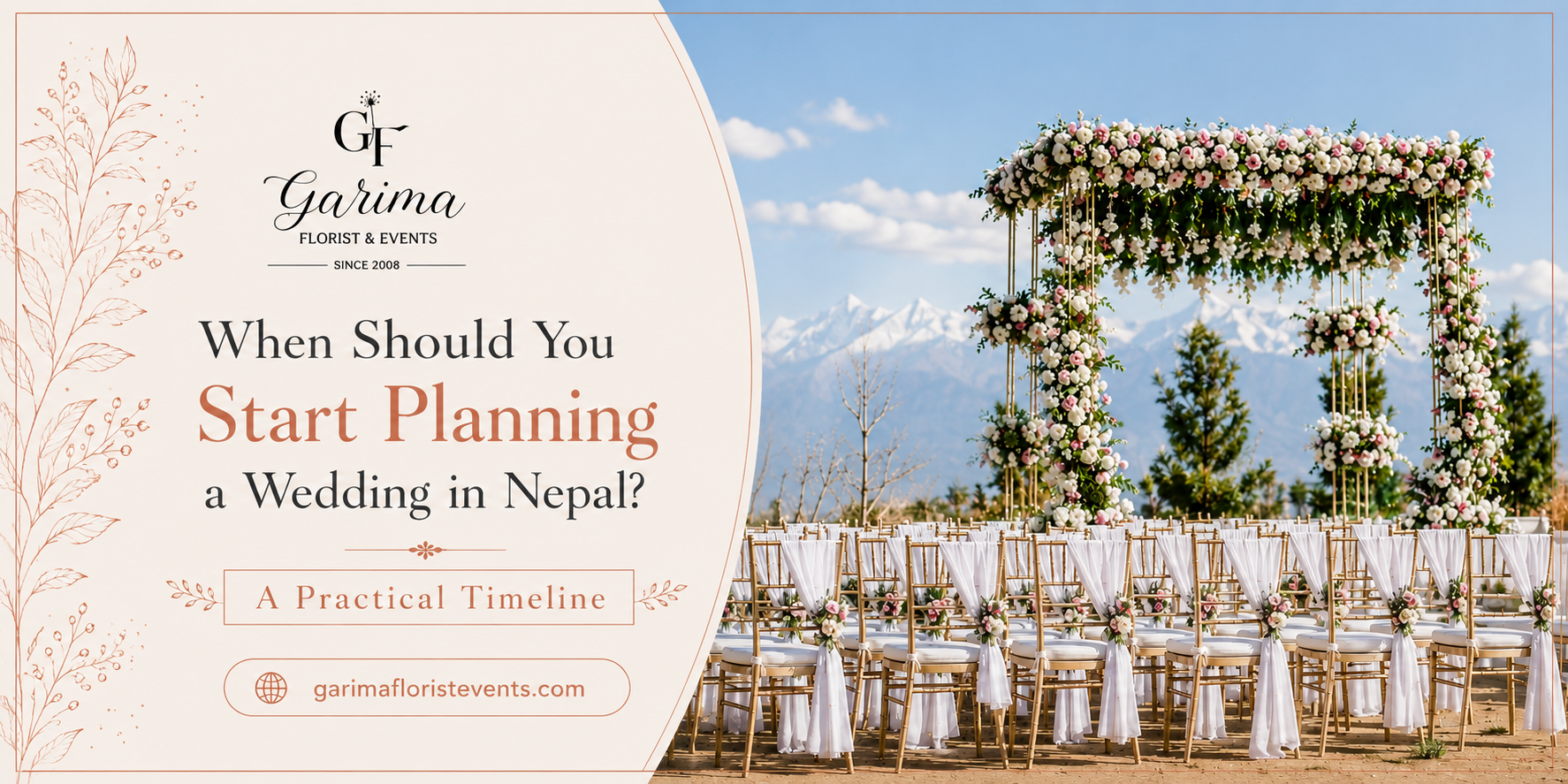 Wedding planning timeline in Nepal banner featuring an outdoor floral wedding ceremony setup by Garima Florist & Events